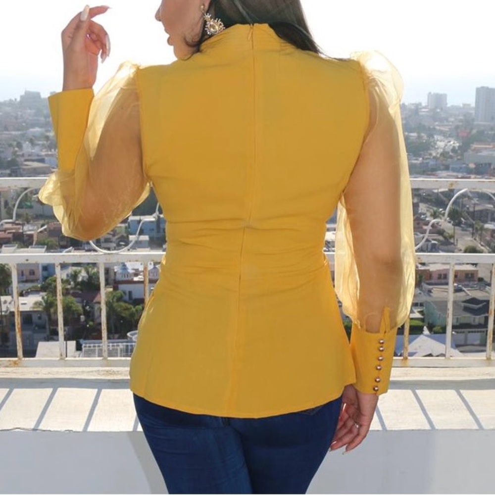 Elegant Yellow Women's Top with Sheer Sleeves - Picture 2 of 3